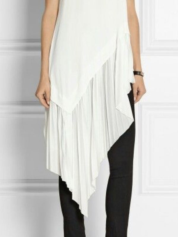 Asymmetric Pleated Split-Joint Irregularity Sleeveless Round-Neck Vest Top