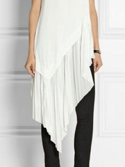 Asymmetric Pleated Split-Joint Irregularity Sleeveless Round-Neck Vest Top