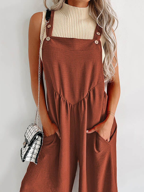Buttoned Pleated Pockets High Waisted Loose Overalls