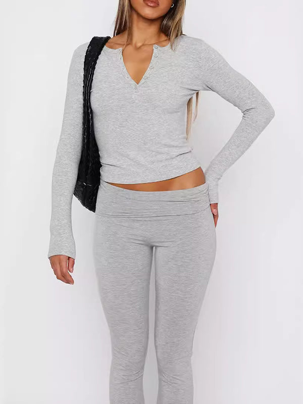Solid Color Split-Joint Long Sleeves Skinny V-Neck T-Shirts