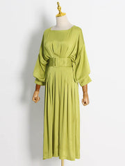 Original Flared Sleeves Half Sleeves Solid Color Boat Neck Midi Dresses