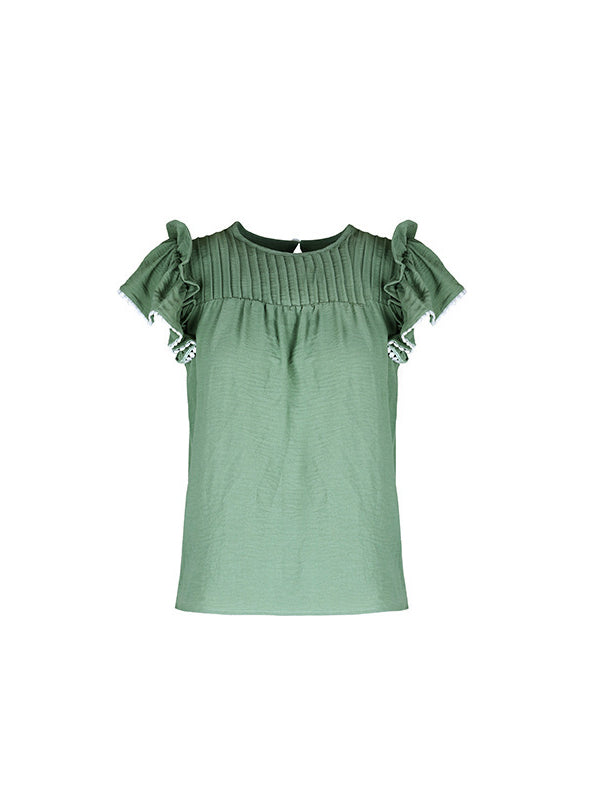 Pleated Loose Ruffle Sleeves Round-neck T-Shirts Tops