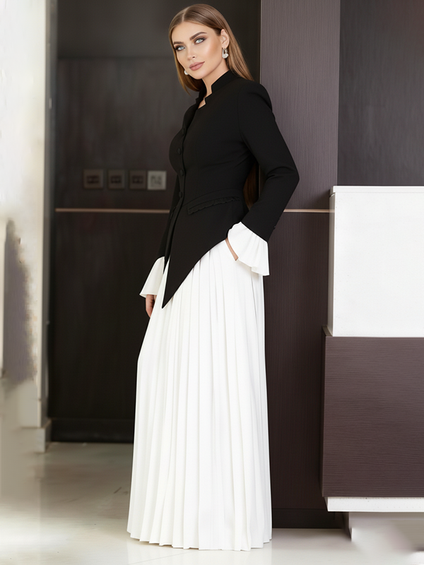 Elasticated Waist Flared Sleeves Asymmetric Belted Buttoned Contrast Color Split-Joint Stand Collar Blouses&Shirts Tops