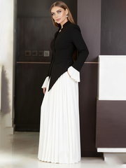 Elasticated Waist Flared Sleeves Asymmetric Belted Buttoned Contrast Color Split-Joint Stand Collar Blouses&Shirts Tops