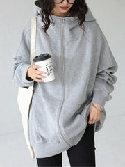 Solid Color Zipper Hooded Long Sleeves High-neck Outerwear Jackets