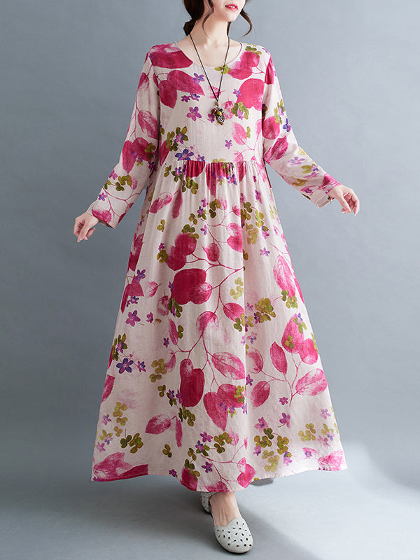 Flower Print Split-Joint Long Sleeves Loose Round-Neck Midi Dresses