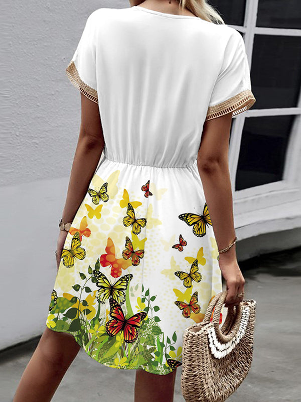 Butterfly Print Elasticity Hollow Split-Joint Tasseled Tied Waist A-Line Loose V-Neck Mini Dresses