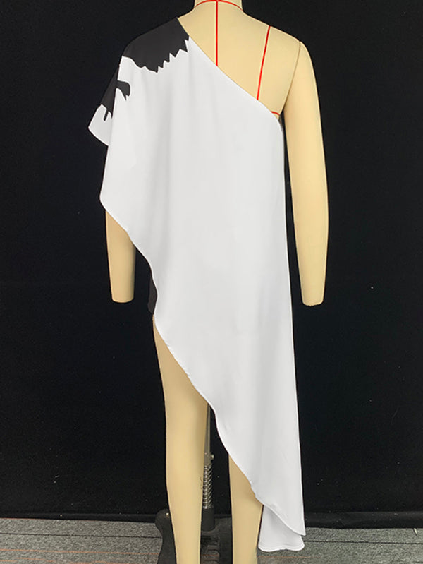 Loose Sleeveless Asymmetric Flower Print One-Shoulder Blouses&Shirts Tops