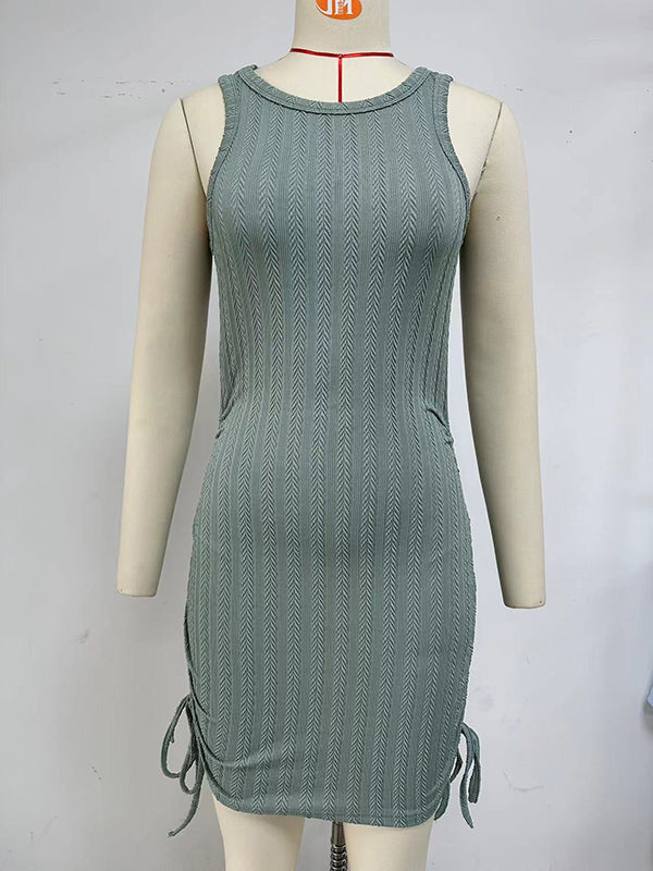 Drawstring Elasticity Pleated Solid Color Bodycon Sleeveless Round-Neck Mini Dresses