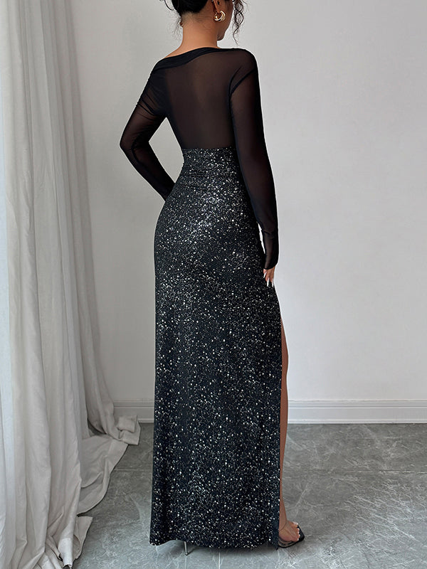 Shiny Split-Joint Split-Side Bodycon High Waisted One-Shoulder Maxi Dresses