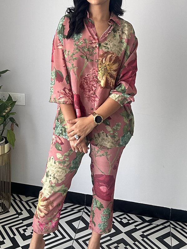 Lapel Long Sleeves Buttoned Flower Print Shirts Top + Ninth Pants Pants Bottom Two Pieces Set