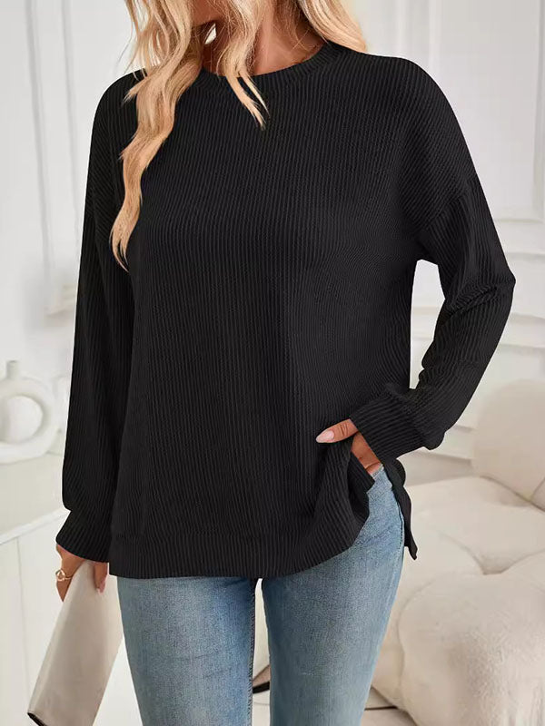Pleated Solid Color Split-Joint Split-Side High-Low Long Sleeves Round-Neck Sweatershirt