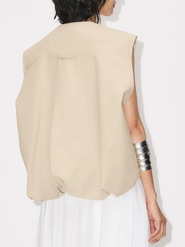 Pockets Split-Joint Zipper Loose Sleeveless Round-Neck Vest Outerwear