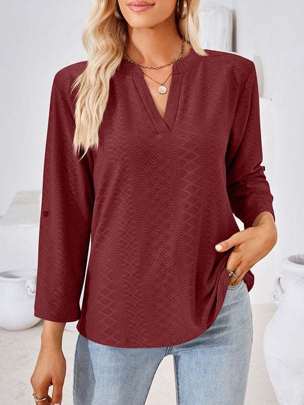 Jacquard Solid Color Loose Three-Quarter Sleeves V-Neck T-Shirts