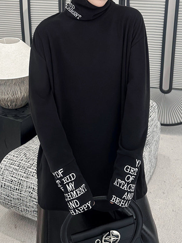 Letter Print Split-Joint Long Sleeves Loose High Neck T-Shirts
