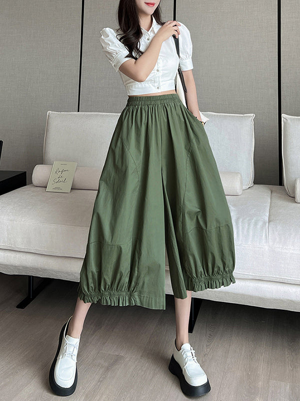 Elasticity Solid Color Split-Joint High Waisted Loose Trousers Pants Ninth Pants Knickerbockers