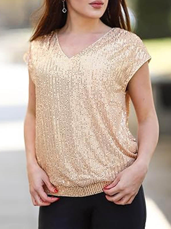 Sequined Solid Color Loose Raglan Sleeve V-Neck T-Shirts Tops