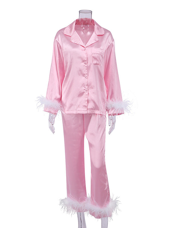 Notched Collar Long Sleeves Buttoned Feathers Split-Joint Shirts Top + Pants Bottom Pajama Sets