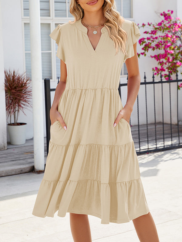 Pleated Pockets Solid Color Split-Joint Loose Ruffle Sleeves V-Neck Midi Dresses