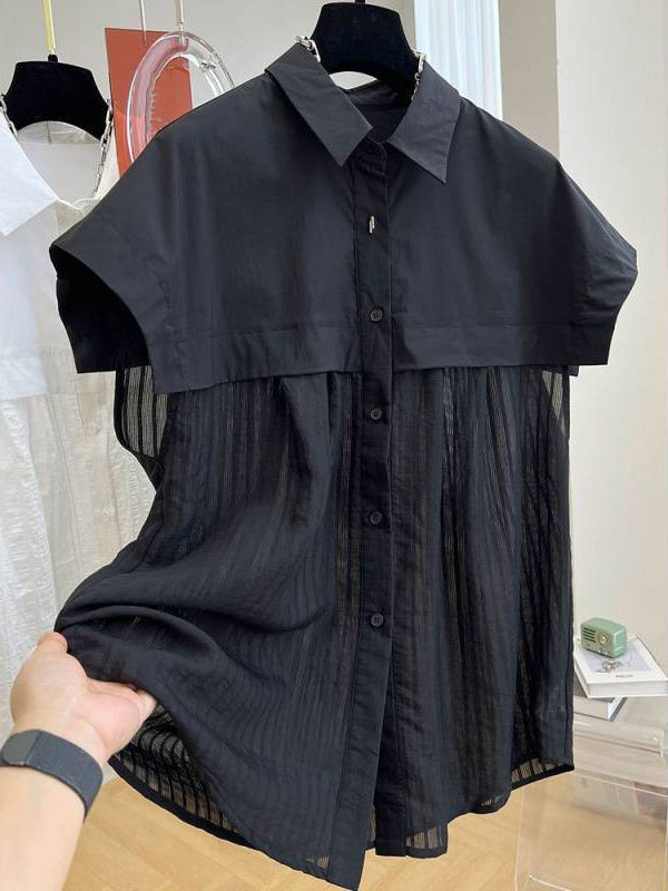 Buttoned Pleated Solid Color High-Low Loose Lapel Blouses&Shirts Tops