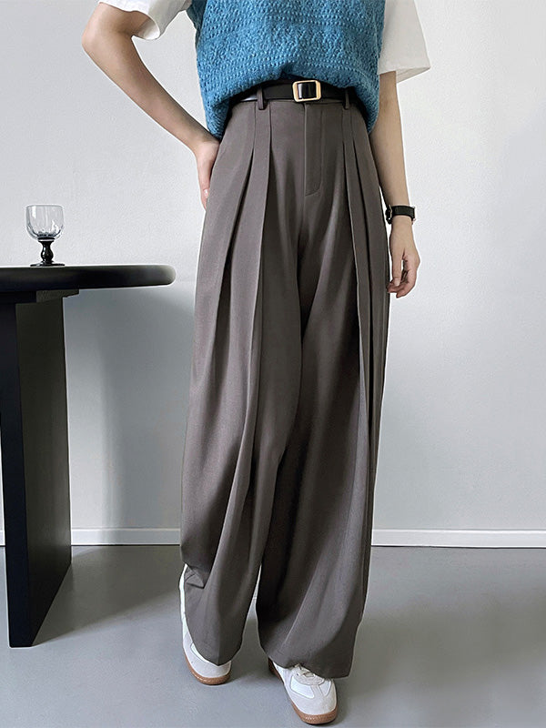 Casual Loose Wide Leg Pleated Solid Color Pants