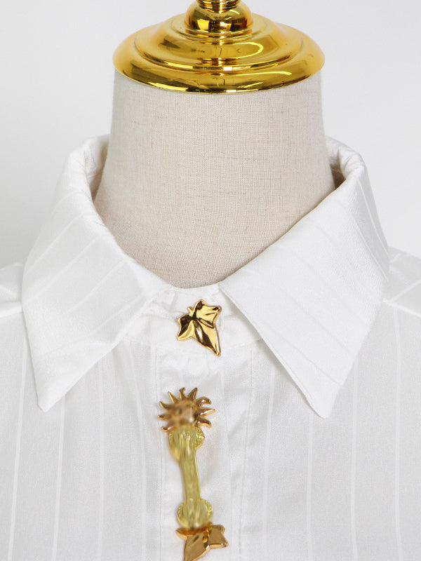 Striped Metal Button Lapel Loose Shirt Blouses
