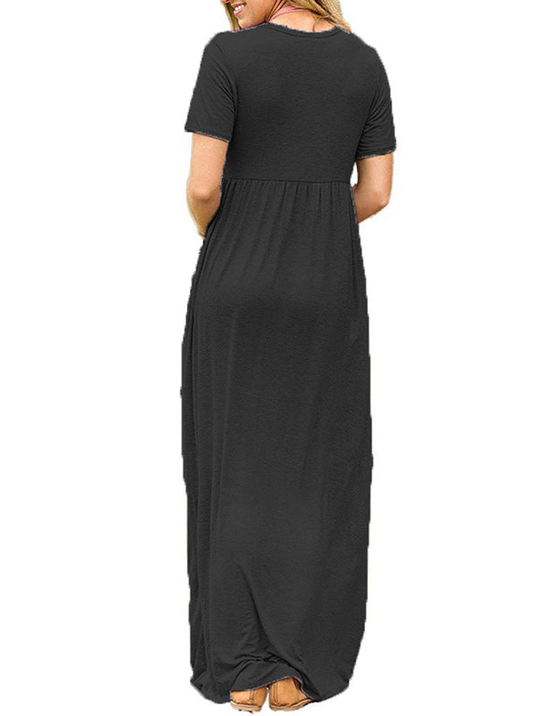 Pleated Pockets Solid Color Split-Joint High Waisted Short Sleeves Round-Neck Maxi Dresses