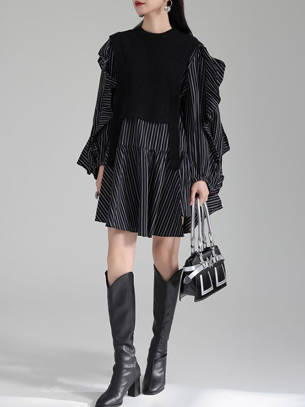 Ruffled Split-Joint Long Sleeves Loose Round-Neck Inner Mini Shirt Dress + Outer Vest Two Pieces Set