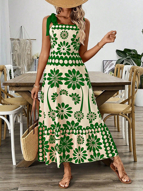 Elasticity Flower Print Pleated Tied A-Line Loose Spaghetti-Neck Midi Dresses