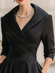 A-Line Three-Quarter Sleeves Pleated Pockets Solid Color V-Neck Midi Dresses