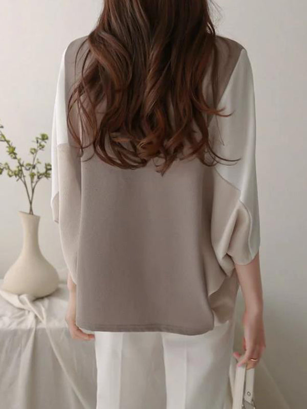 Contrast Color Split-Joint Batwing Sleeves Loose Round-Neck T-Shirts Tops
