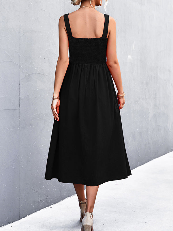 Pleated Solid Color Split-Joint High Waisted Sleeveless U-Neck Midi Dresses