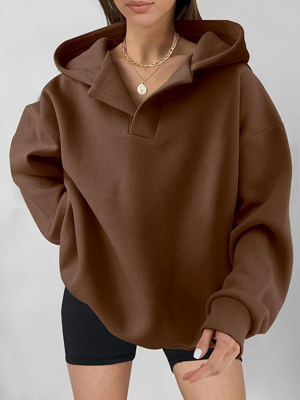 Solid Color Split-Joint Loose Puff Sleeves Hooded Hoodies Tops