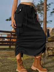 Drawstring Elasticity Pockets Solid Color Split-Back A-Line Loose Skirts Bottoms