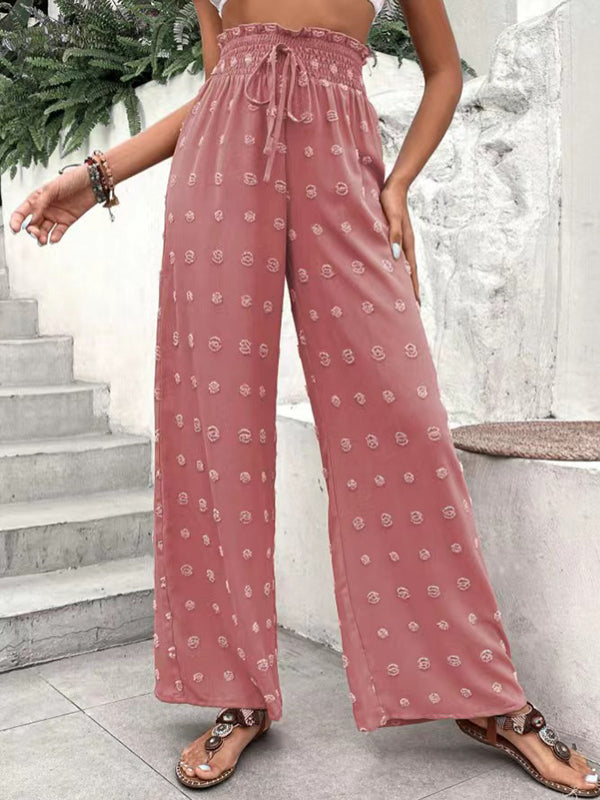 Drawstring Elasticity Jacquard Solid Color High Waisted Loose Trousers Pants