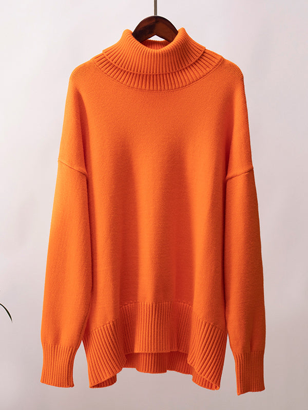 Solid Color Split-Joint High-Low Long Sleeves High Neck Sweater Tops