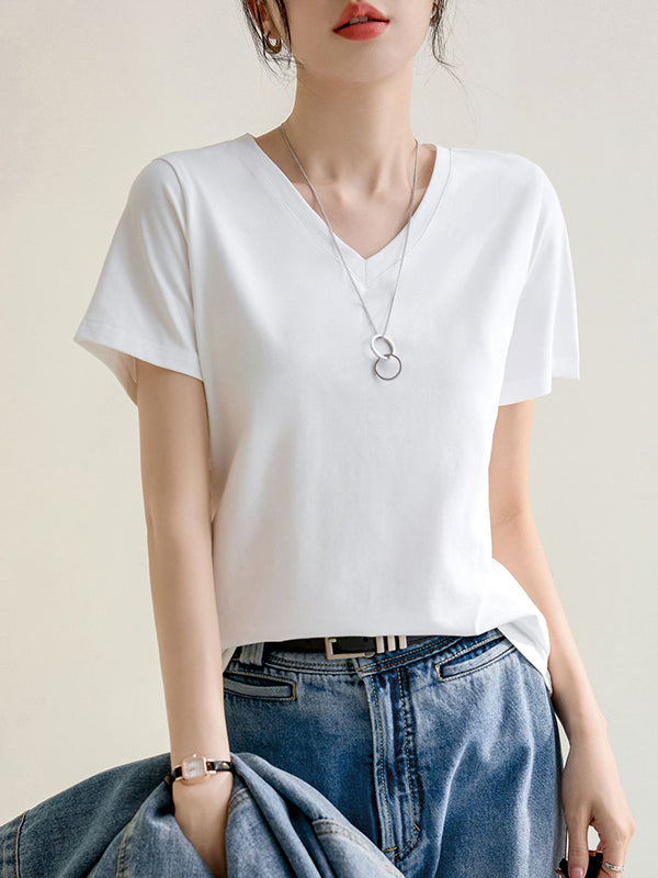 Solid Color Loose Short Sleeves V-Neck T-Shirts Tops
