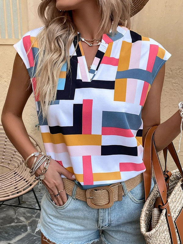 Printed Loose Sleeveless V-Neck T-Shirts Tops