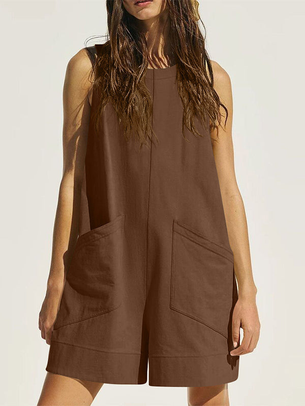 Pockets Solid Color Loose Sleeveless Round-Neck Rompers