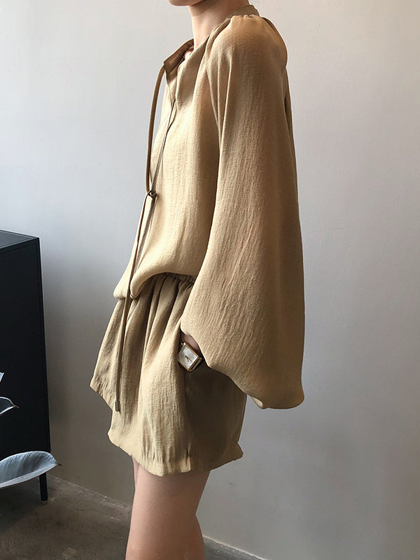 Split-Joint Solid Color  Sun Protection Tied V-neck Long Sleeves Top + Shorts Two Pieces Set