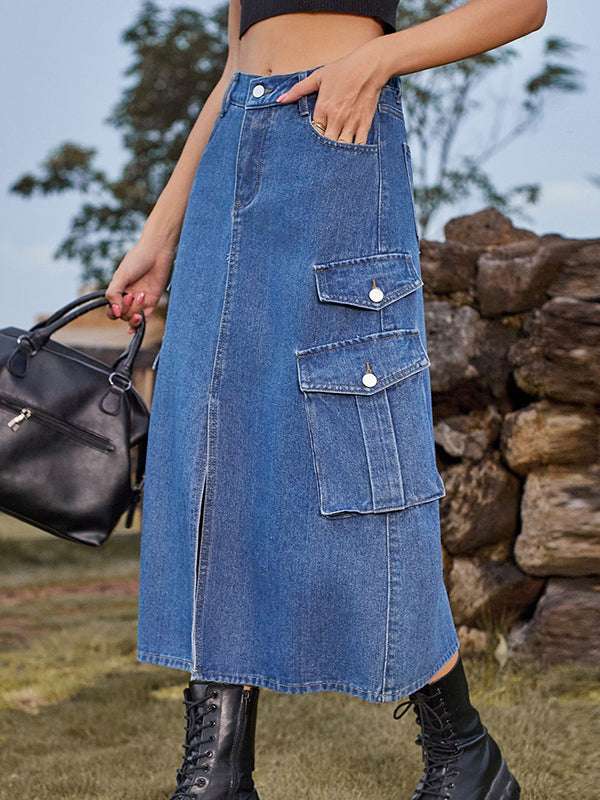 Pockets Split-Front Split-Joint A-Line Loose Denim Skirts
