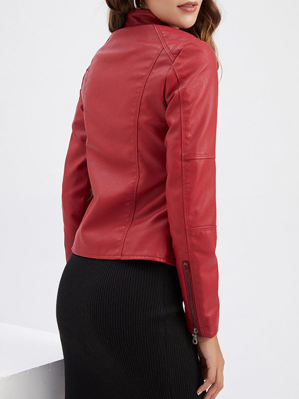 Buttoned Pockets Zipper Long Sleeves Plus Size Stand Collar Outerwear Jackets