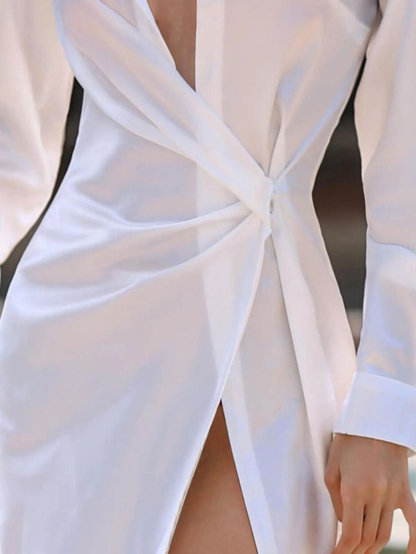 Buckle Buttoned Pleated Solid Color Split-front Long Sleeves Lapel Shirt Dress Maxi Dresses
