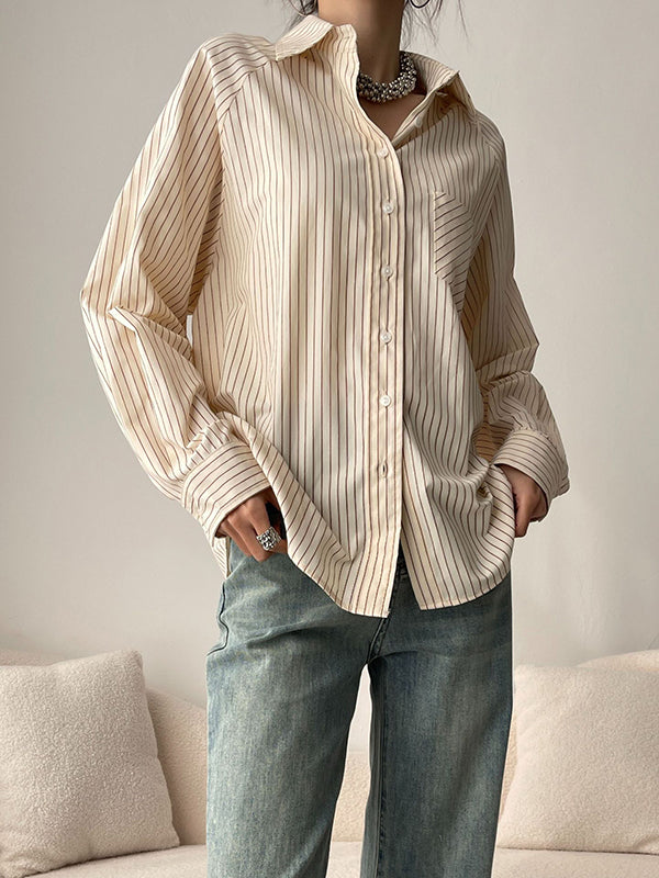 Split-Joint Striped Long Sleeves Loose Lapel Blouses
