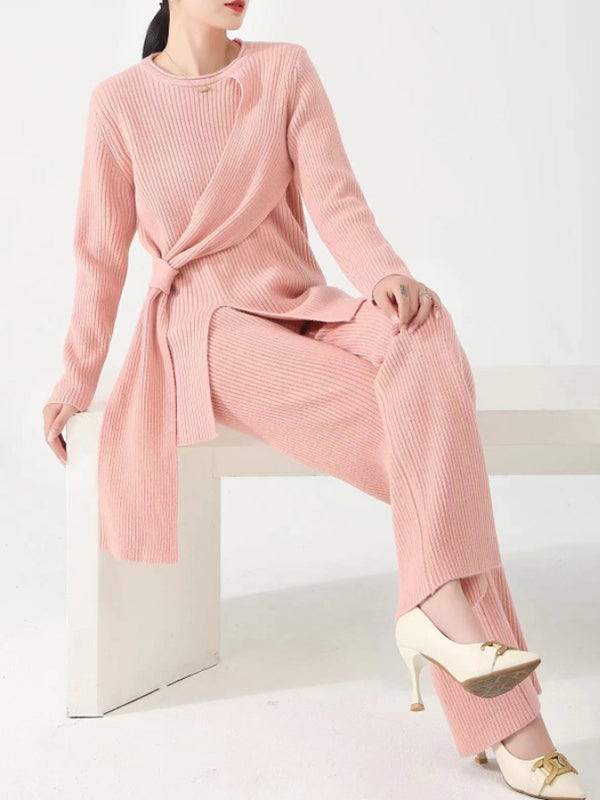 Loose Asymmetric Solid Color Long Sleeves Split-Front Round-Neck Sweater Top + Pants Bottom Two Pieces Set