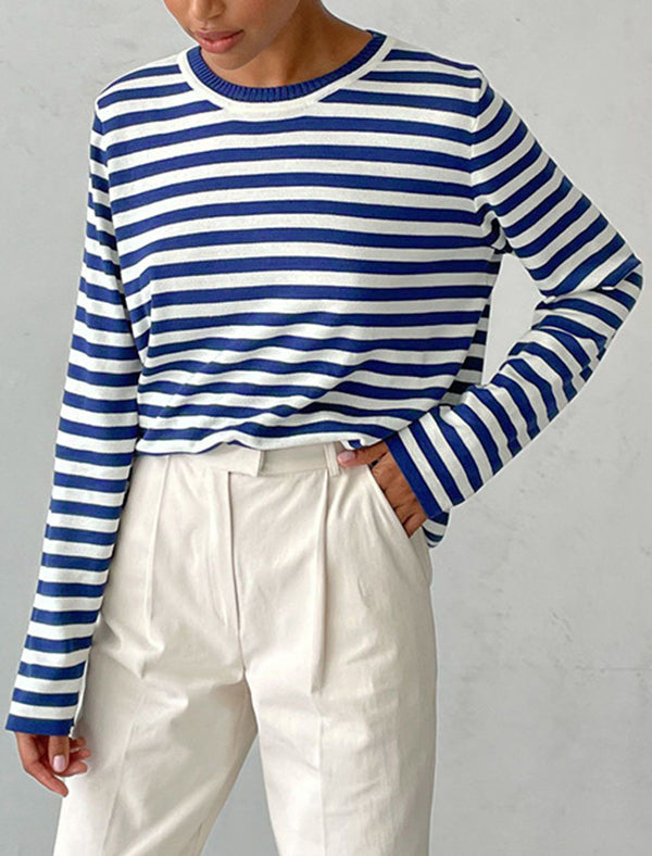 Split-Joint Striped Long Sleeves Loose Round-Neck Sweater Tops