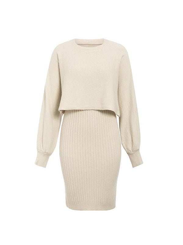 Round-Neck Long Sleeves Solid Color Sweater Top + Inner Dress Two Pieces Set