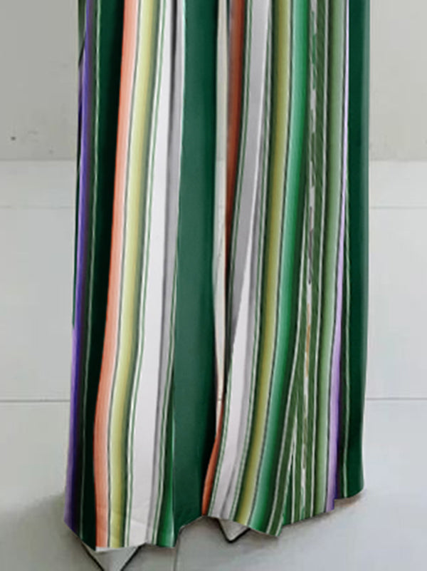 Contrast Color Split-Joint Striped High Waisted Wide Leg Trousers Pants