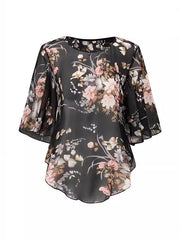 Flower Print See-Through Batwing Sleeves Half Sleeves Round-Neck Cover-Ups Tops Blouses&Shirts Tops