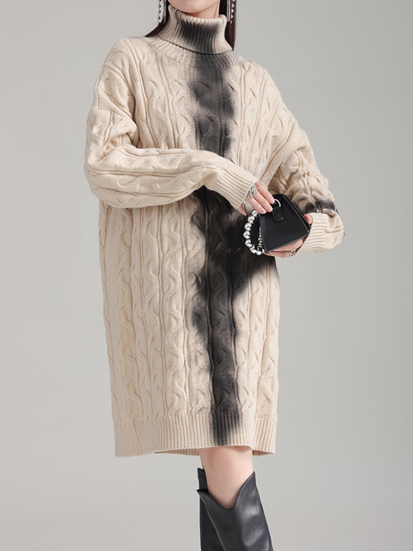 Contrast Color Long Sleeves Loose High Neck Sweater Dresses Mini Dresses